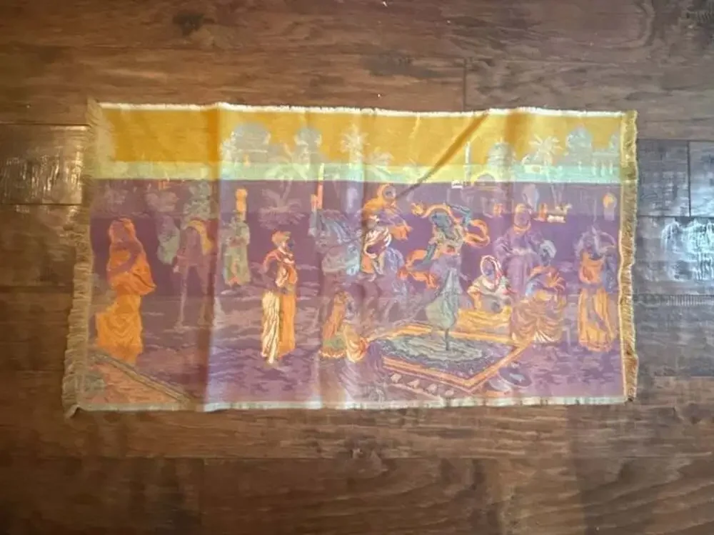 Vintage Woven Tapestry Middle Eastern Market Scene Size 33x18